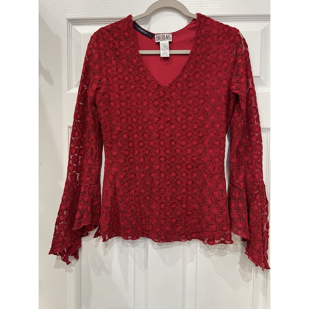 Bill Blass Red Lace V-Neck Top Bell Sleeves Romantic Vintage Y2K Women's S
